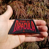 Embroidered patch inspired by the classic boardgame Fury of Dracula.