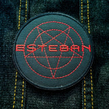 Embroidered patch from the movie Evil Speak, showing the name Esteban in red thread over a pentagram.