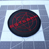 Embroidered patch from the movie Evil Speak, showing the name Esteban in red thread over a pentagram.
