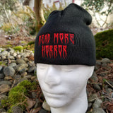 Black knit beanie with the words read more horror embroidered in creepy red lettering.