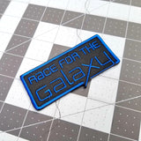 Blue on black embroidered logo patch for the classic board game Race for the Galaxy.