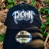 Black baseball cap with a heavy metal style logo for the classical music composer Chopin embroidered on the front in white thread.