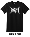 Black t-shirt with a white heavy metal-style logo for the classical composer Johann Sebastian Bach. Original design by ModBlackmoon.