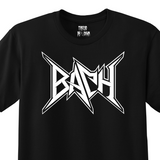 Black t-shirt with a white heavy metal-style logo for the classical composer Johann Sebastian Bach. Original design by ModBlackmoon.