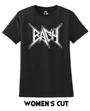 Black t-shirt with a white heavy metal-style logo for the classical composer Johann Sebastian Bach. Original design by ModBlackmoon.