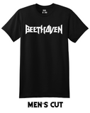 Black t-shirt with a white heavy metal style logo for the classical music composer Beethoven. Original design by ModBlackmood.