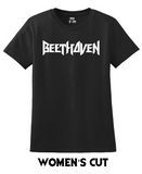 Black t-shirt with a white heavy metal style logo for the classical music composer Beethoven. Original design by ModBlackmood.