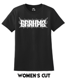 Black t-shirt with a white heavy metal-style logo for the classical composer Brahms. Original design by ModBlackmoon.
