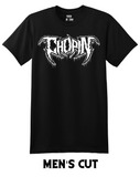 Black t-shirt with a white heavy metal-style logo for the classical composer Chopin. Original design by ModBlackmoon.