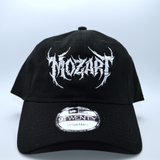 Front view of a black baseball hat with a heavy metal style logo for the classical music composer Mozart embroidered on the front in white thread.