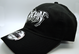 Right side view of a black baseball hat with a heavy metal style logo for the classical music composer Chopin embroidered on the front in white thread.