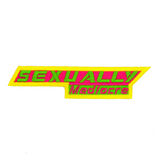 A narrow, sharp angled embroidered patch that says sexually mediocre in bright neon green, pink, and yellow colors.