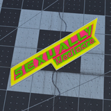 A narrow, sharp angled embroidered patch that says sexually mediocre in bright neon green, pink, and yellow colors.