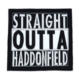 Square black and white embroidered patch that says straight outta haddonfield, inspired by the Halloween movie series.