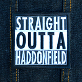 Square black and white embroidered patch that says straight outta haddonfield, inspired by the Halloween movie series.