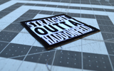 Close up detail of a square black and white embroidered patch that says straight outta haddonfield, inspired by the Halloween movie series.