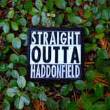 Square black and white embroidered patch that says straight outta haddonfield, inspired by the Halloween movie series.