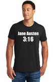 A male model wearing a black short sleeve graphic tee with the words Jane Austen 3:16 in white print.