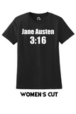 White on black graphic women's tee with the words Jane Austen 3:16