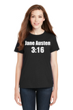A woman model wearing a black short sleeve graphic tee with the words Jane Austen 3:16 in white print.