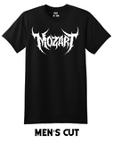 Black t-shirt with a white heavy metal-style logo for the classical composer Mozart. Original design by ModBlackmoon.