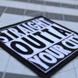 A square shaped white and black embroidered patch in the Straight Outta Compton format that can be customized with personal text.
