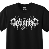 Black t-shirt with a white heavy metal-style logo for the classical composer Richard Wagner. Original design by ModBlackmoon.