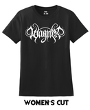 Black t-shirt with a white heavy metal-style logo for the classical composer Richard Wagner. Original design by ModBlackmoon.