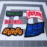 A bundle of all five obscure kaiju monster movie embroidered patches from Thread By Dawn.