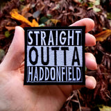 Black and white Straight outta Haddonfield embroidered patch, inspired by the Halloween movies, done in the straight outta compton format. 