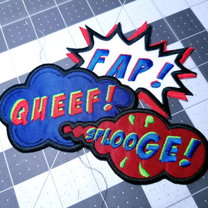 A collection of embroidered patches in the shapes of comic book sound effect bubbles with the words fap, queef, and splooge.