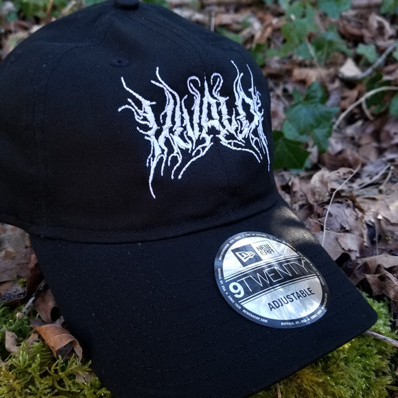 Black baseball cap with a heavy metal style logo for the classical music composer Vivaldi embroidered on the front in white thread.