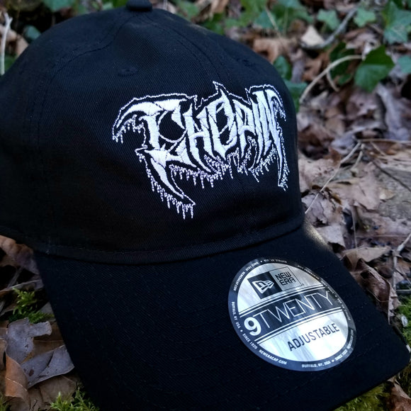 Black baseball cap with a heavy metal style logo for the classical music composer Chopin embroidered on the front in white thread.