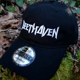 Black baseball cap with a heavy metal style logo for the classical music composer Beethoven embroidered on the front in white thread.