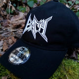 Black baseball cap with a heavy metal style logo for the classical music composer Bach embroidered on the front in white thread.