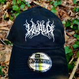 Black baseball cap with a heavy metal style logo for the classical music composer Vivaldi embroidered on the front in white thread.