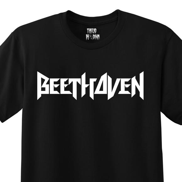 Black t-shirt with a white heavy metal style logo for the classical music composer Beethoven. Original design by ModBlackmood.