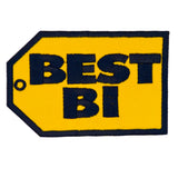 Yellow and black embroidered parody patch resembling the best buy logo that says best bi instead.