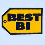 Yellow and black embroidered parody patch resembling the best buy logo that says best bi instead.