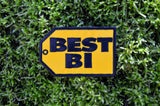 Yellow and black embroidered parody patch resembling the best buy logo that says best bi instead.