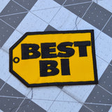 Yellow and black embroidered parody patch resembling the best buy logo that says best bi instead.