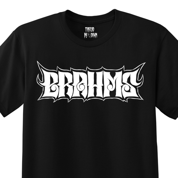 Black t-shirt with a white heavy metal-style logo for the classical composer Brahms. Original design by ModBlackmoon.