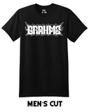Black t-shirt with a white heavy metal-style logo for the classical composer Brahms. Original design by ModBlackmoon.