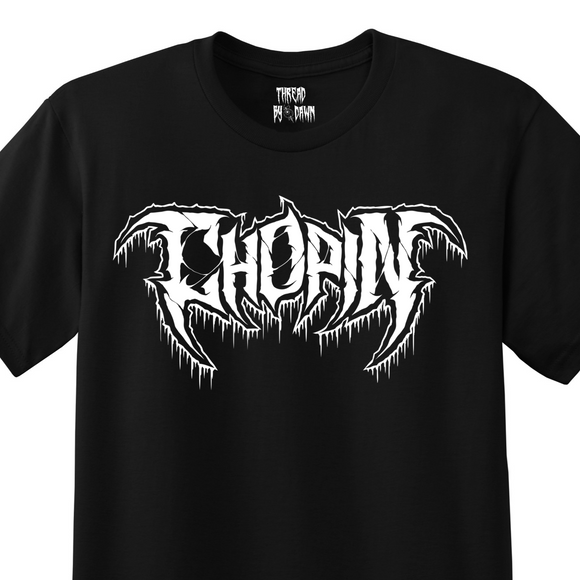 Black t-shirt with a white heavy metal-style logo for the classical composer Chopin. Original design by ModBlackmoon.