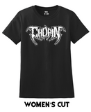 Black t-shirt with a white heavy metal-style logo for the classical composer Chopin. Original design by ModBlackmoon.