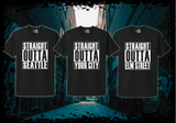 Three black t-shirts with customized 'Straight Outta' logos in a dark alleyway-themed setting.