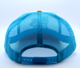 Backside view of a white, blue, and orange trucker style hat with blue and orange embroidery spelling out the phrase, why though?