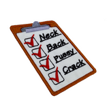 An embroidered patch of a clipboard with red checkmarks next to the words neck, back, pussy, and crack.
