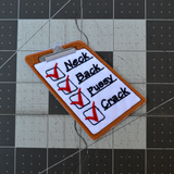 An embroidered patch of a clipboard with red checkmarks next to the words neck, back, pussy, and crack.