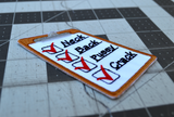 Close up detail of an embroidered patch of a clipboard with red checkmarks next to the words neck, back, pussy, and crack.